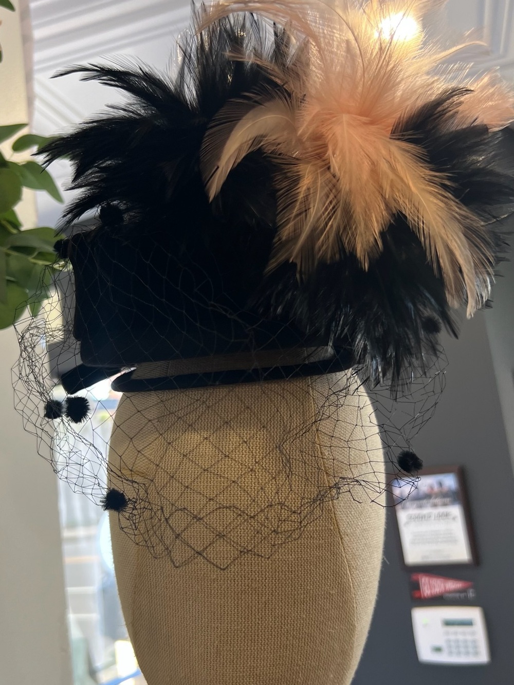 Vintage Black and Pink veiled Feather Fascinator - Picture 6 of 6